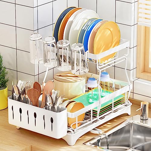 HERJOY Dish Drying Rack for Kitchen Counter, 2 Tier Large Dish Rack with Drainboard Set, Detachable Dish Drainer Organizer Shelf with Utensil Holder and Cup Rack, White Kitchen Dish Rack