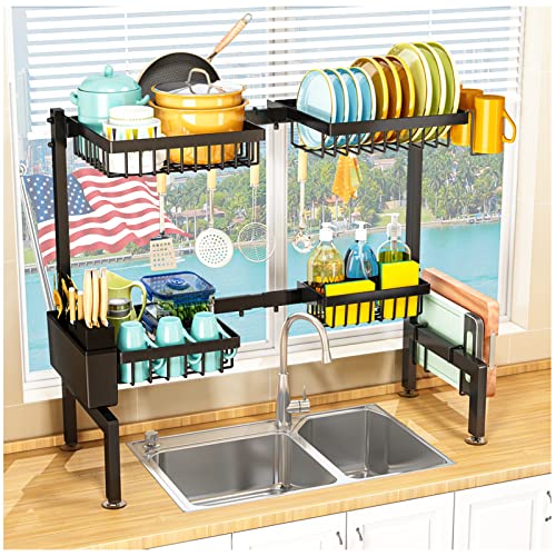 ARSTPEOE 2 Tiers 4 Baskets (one More Than Others) Over Sink Dish Drying Rack,fits All Sinks (from 24.8" to 35.4"),2-Tier Adjustable Sink Rack,Dishes Rack Kitchen Storage Organizer Space Saving