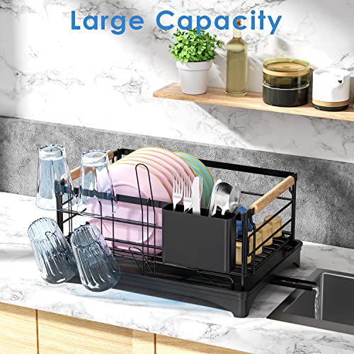 G-TING Dish Drying Rack, Dish Rack for Kitchen Counter, Rust-Proof Dish Drainer with Drying Board and Utensil Holder for Kitchen Counter Cabinet, 16.6” L× 12.6”W× 7.8”H, Black