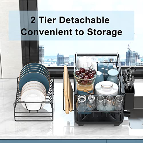 Aonee 2 Tier Dish Drying Rack with Drainboard, Cutlery Holder, Cutting-Board/ Cup Holder and 3 Hooks for Kitchen Counter, Rust-Proof Large Dish Drainer, Black