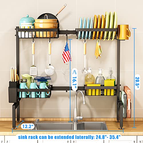 ARSTPEOE 2 Tiers 4 Baskets (one More Than Others) Over Sink Dish Drying Rack,fits All Sinks (from 24.8" to 35.4"),2-Tier Adjustable Sink Rack,Dishes Rack Kitchen Storage Organizer Space Saving
