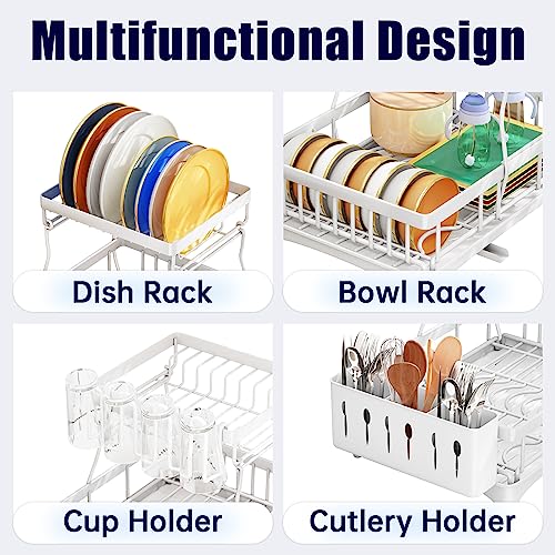 HERJOY Dish Drying Rack for Kitchen Counter, 2 Tier Large Dish Rack with Drainboard Set, Detachable Dish Drainer Organizer Shelf with Utensil Holder and Cup Rack, White Kitchen Dish Rack