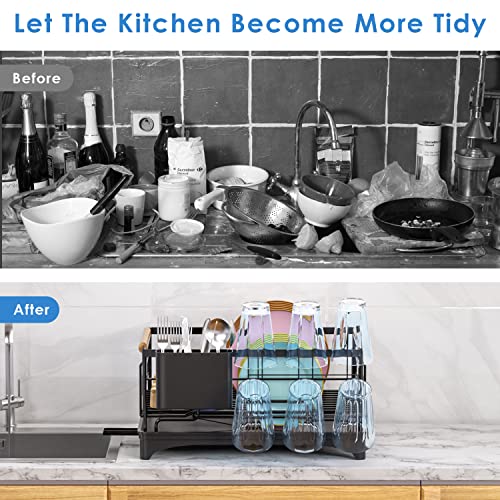 G-TING Dish Drying Rack, Dish Rack for Kitchen Counter, Rust-Proof Dish Drainer with Drying Board and Utensil Holder for Kitchen Counter Cabinet, 16.6” L× 12.6”W× 7.8”H, Black