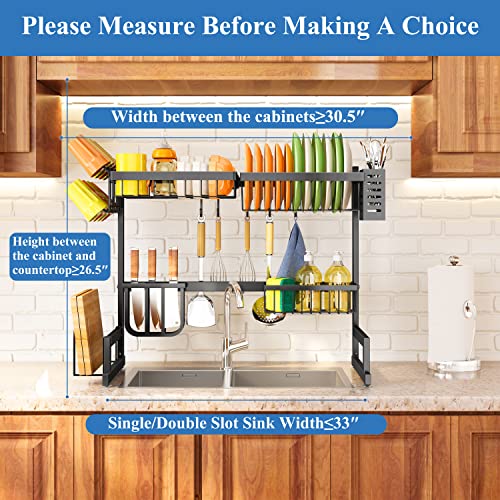 Over The Sink Dish Drying Rack, Adjustable (26.8" to 34.6") Large Dish Drying Rack for Kitchen Counter with Multiple Baskets Utensil Sponge Holder Sink Caddy, 2 Tier Black