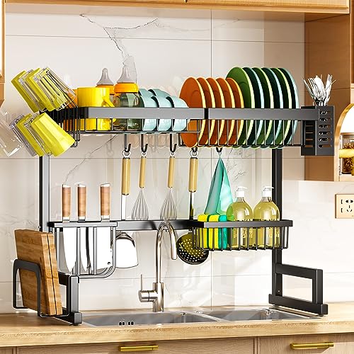 Over The Sink Dish Drying Rack, Adjustable (26.8" to 34.6") Large Dish Drying Rack for Kitchen Counter with Multiple Baskets Utensil Sponge Holder Sink Caddy, 2 Tier Black