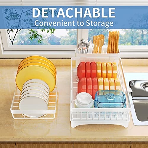 HERJOY Dish Drying Rack for Kitchen Counter, 2 Tier Large Dish Rack with Drainboard Set, Detachable Dish Drainer Organizer Shelf with Utensil Holder and Cup Rack, White Kitchen Dish Rack