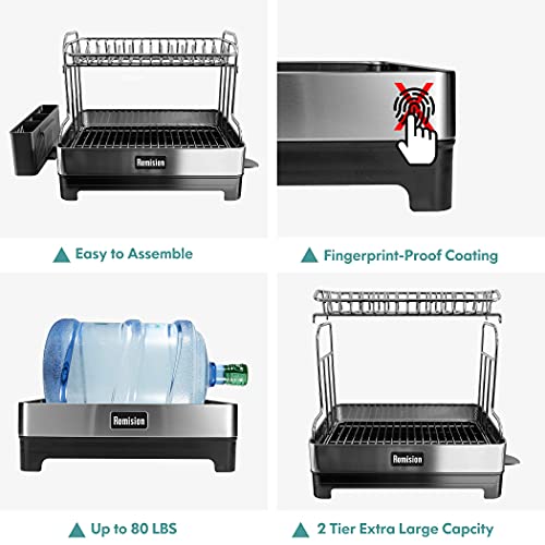 romision Dish Drying Rack, 304 Stainless Steel 2 Tier Large Dish Rack and Drainboard Set with Swivel Spout Drainage, Full Size Dish Drainer with Utensil Holder for Kitchen Counter of Big Family