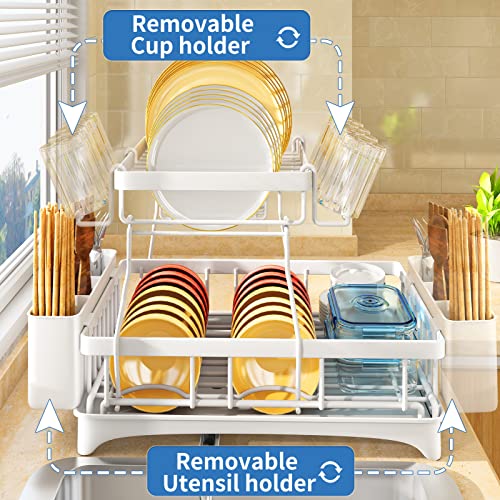 HERJOY Dish Drying Rack for Kitchen Counter, 2 Tier Large Dish Rack with Drainboard Set, Detachable Dish Drainer Organizer Shelf with Utensil Holder and Cup Rack, White Kitchen Dish Rack