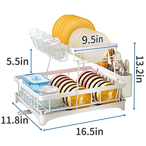 HERJOY Dish Drying Rack for Kitchen Counter, 2 Tier Large Dish Rack with Drainboard Set, Detachable Dish Drainer Organizer Shelf with Utensil Holder and Cup Rack, White Kitchen Dish Rack