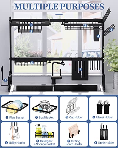 Kitsure Dish Drying Rack - Adjustable & Space-Saving Dish Rack（29.5-35.5in）, Over-The-Sink Dish Drying Rack, Multifunctional Kitchen Dish Drying Rack, Stainless Steel Dish Drying Rack-N