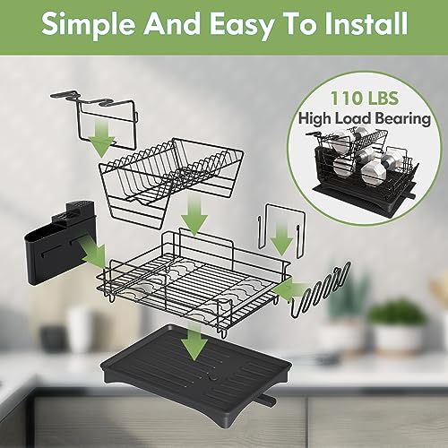 Qienrrae Dish Drying Racks for Kitchen Counter, Stainless Steel 2 Tier Black Dish Dryer Rack with Drainboard Set, Large Dish Drainers with Wine Glass Holder, Utensil Holder and Dryer Mat