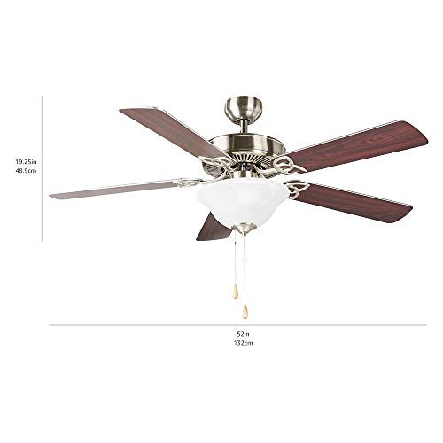 Amazon Basics 52-Inch Ceiling Fan, Includes LED Light Kit With Two Medium Base LED Light Bulbs, Five Reversible Blades, Brushed Nickel Finish