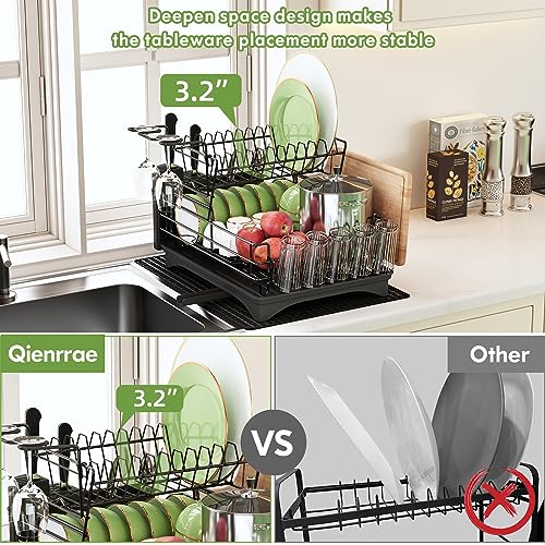 Qienrrae Dish Drying Racks for Kitchen Counter, Stainless Steel 2 Tier Black Dish Dryer Rack with Drainboard Set, Large Dish Drainers with Wine Glass Holder, Utensil Holder and Dryer Mat