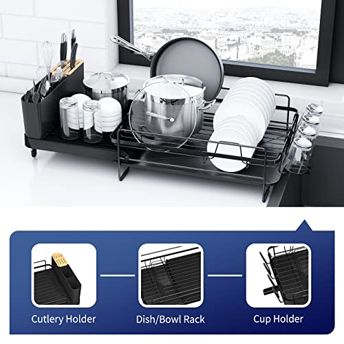 Kitsure Large Dish Drying Rack - Extendable Dish Rack, Multifunctional Dish Rack for Kitchen Counter, Anti-Rust Drying Dish Rack with Cutlery & Cup Holders