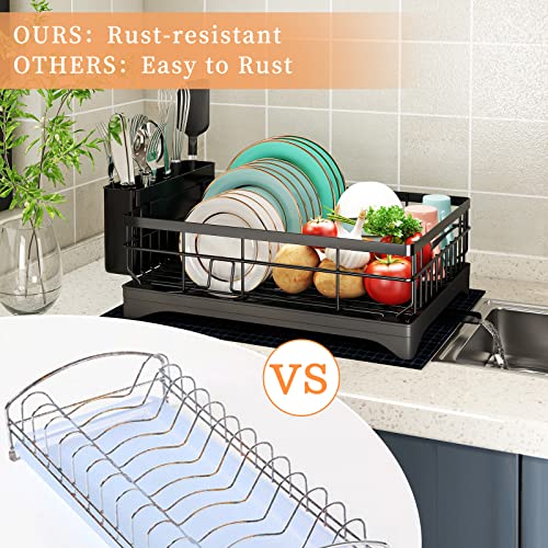 coobest Dish Drying Rack with Swivel Spout, Dish Rack with Utensil Holder and Dish Drying Mat, 360° Removable Drainboard, Drying Rack for Kitchen Counter, Kitchen Gadgets and Kitchen Organization