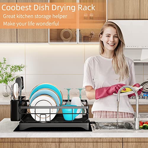coobest Dish Drying Rack with Swivel Spout, Dish Rack with Utensil Holder and Dish Drying Mat, 360° Removable Drainboard, Drying Rack for Kitchen Counter, Kitchen Gadgets and Kitchen Organization