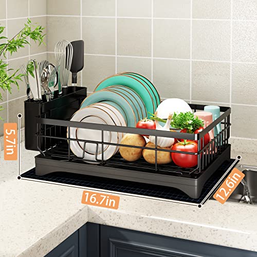 coobest Dish Drying Rack with Swivel Spout, Dish Rack with Utensil Holder and Dish Drying Mat, 360° Removable Drainboard, Drying Rack for Kitchen Counter, Kitchen Gadgets and Kitchen Organization