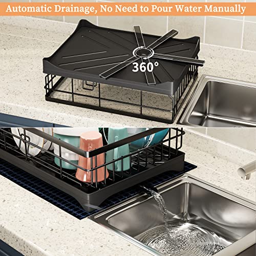 coobest Dish Drying Rack with Swivel Spout, Dish Rack with Utensil Holder and Dish Drying Mat, 360° Removable Drainboard, Drying Rack for Kitchen Counter, Kitchen Gadgets and Kitchen Organization