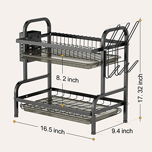 Swedecor Dish Drying Rack for Kitchen - 2 Tier Rust-Resistant Dish Rack Small Dish Drainer with Drainboard Tray, Cup Holder and Utensil Holder for Kitchen Countertop Saving Space, Black