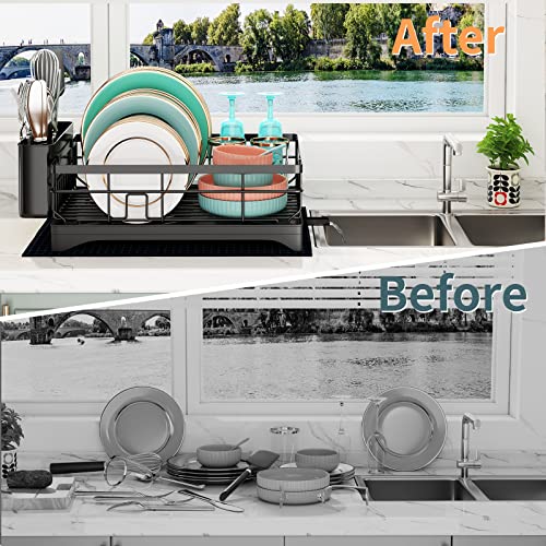 coobest Dish Drying Rack with Swivel Spout, Dish Rack with Utensil Holder and Dish Drying Mat, 360° Removable Drainboard, Drying Rack for Kitchen Counter, Kitchen Gadgets and Kitchen Organization