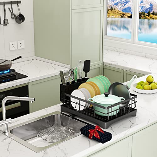coobest Dish Drying Rack with Swivel Spout, Dish Rack with Utensil Holder and Dish Drying Mat, 360° Removable Drainboard, Drying Rack for Kitchen Counter, Kitchen Gadgets and Kitchen Organization