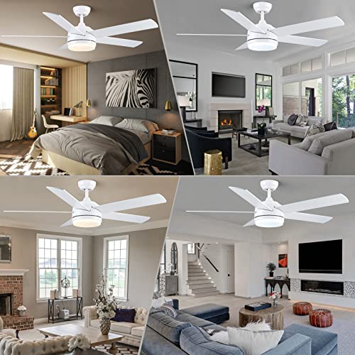 YUHAO 52 inch White Ceiling Fan with Lights and Remote Control,Quiet Reversible Motor,Dimmable tri-Color temperatures LED,5 Blades Modern Ceiling Fan for Indoor