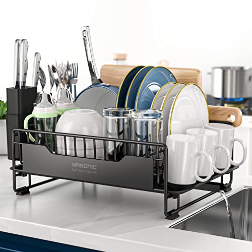 YASONIC Dish Drying Rack with Drainboard - Small Stainless Steel Dish Drainer with Swivel Spout - Dish Racks for Kitchen Counter- Rustproof Dish Rack with Removable Utensil Holder - Black