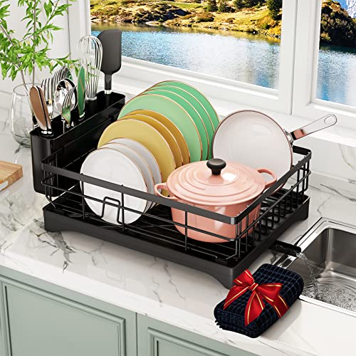 coobest Dish Drying Rack with Swivel Spout, Dish Rack with Utensil Holder and Dish Drying Mat, 360° Removable Drainboard, Drying Rack for Kitchen Counter, Kitchen Gadgets and Kitchen Organization