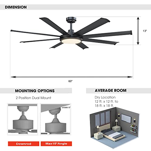 Parrot Uncle Ceiling Fans with Lights and Remote 60 Inch Black Ceiling Fan with Light LED Outdoor Ceiling Fans for Patios Covered, 6-Speed, Reversible DC Motor