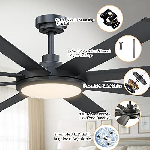 Parrot Uncle Ceiling Fans with Lights and Remote 60 Inch Black Ceiling Fan with Light LED Outdoor Ceiling Fans for Patios Covered, 6-Speed, Reversible DC Motor