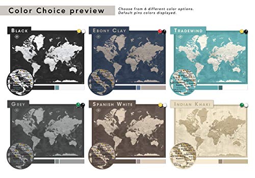 Travel Map With Pins World Personalized on Canvas | Premium Push Pin Travel Map | Black and White World Map in Various Color and Size Options | 24" x 32" up to 40" x 53"