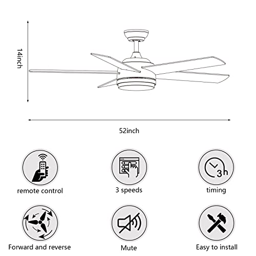 YUHAO 52 inch White Ceiling Fan with Lights and Remote Control,Quiet Reversible Motor,Dimmable tri-Color temperatures LED,5 Blades Modern Ceiling Fan for Indoor