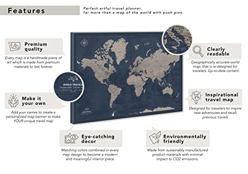 Travel Map With Pins World Personalized on Canvas | Premium Push Pin Travel Map | Black and White World Map in Various Color and Size Options | 24" x 32" up to 40" x 53"