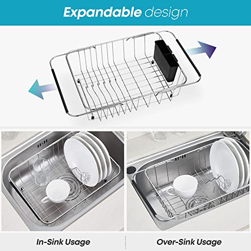 KESOL Small Expandable Over The Sink Dish Drying Rack/Dish Rack in Sink with Utensil Holder | 304 Stainless Steel Dish Racks for Kitchen Counter | Rustproof Dish Drainer/Sink Drying Rack