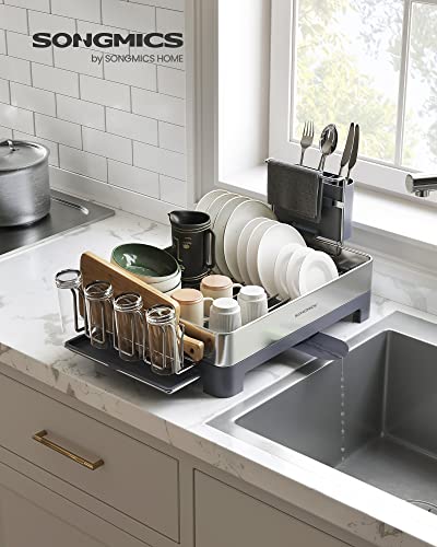 SONGMICS Dish Drying Rack, Stainless Steel Dish Rack with Rotatable Spout, Drainboard, Fingerprint-Resistant Dish Drainers for Kitchen Counter, 12.5 x 22.5 in, Silver and Gray UKCS030E01