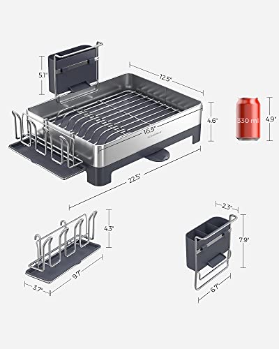 SONGMICS Dish Drying Rack, Stainless Steel Dish Rack with Rotatable Spout, Drainboard, Fingerprint-Resistant Dish Drainers for Kitchen Counter, 12.5 x 22.5 in, Silver and Gray UKCS030E01