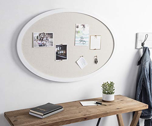 Kate and Laurel Holbrook Farmhouse Framed Oval Fabric Pinboard, 24 x 36, White, Decorative Bulletin Board for Wall