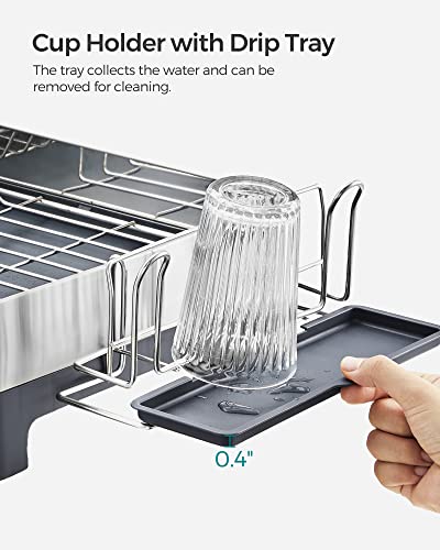 SONGMICS Dish Drying Rack, Stainless Steel Dish Rack with Rotatable Spout, Drainboard, Fingerprint-Resistant Dish Drainers for Kitchen Counter, 12.5 x 22.5 in, Silver and Gray UKCS030E01