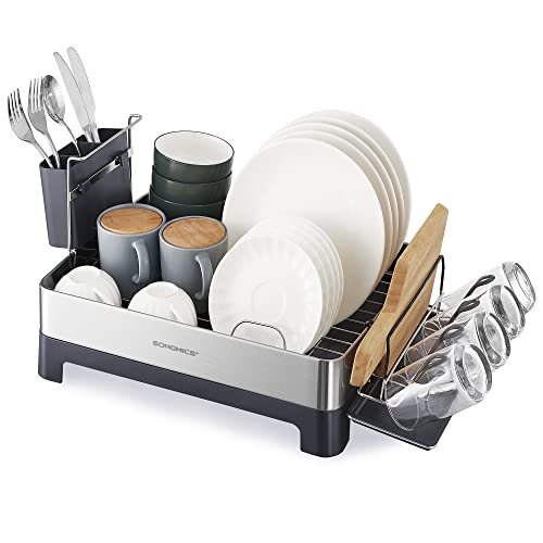SONGMICS Dish Drying Rack, Stainless Steel Dish Rack with Rotatable Spout, Drainboard, Fingerprint-Resistant Dish Drainers for Kitchen Counter, 12.5 x 22.5 in, Silver and Gray UKCS030E01