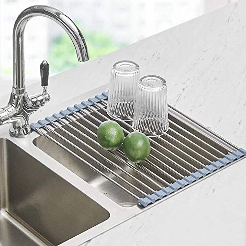 Seropy Roll Up Dish Drying Rack, Over The Sink Dish Drying Rack Kitchen Rolling Dish Drainer, Foldable Sink Rack Mat Stainless Steel Wire Dish Drying Rack for Kitchen Sink Counter (17.8''x11.8'')