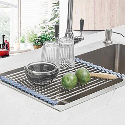 Seropy Roll Up Dish Drying Rack, Over The Sink Dish Drying Rack Kitchen Rolling Dish Drainer, Foldable Sink Rack Mat Stainless Steel Wire Dish Drying Rack for Kitchen Sink Counter (17.8''x11.8'')