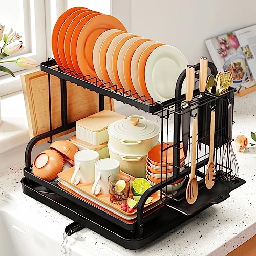 Sakugi Dish Drying Rack for Countertop - Rustproof Space-Saving & Multipurpose 2-Tier Dish Rack for Kitchen Counter with Utensil Holder, Large-Capacity, Black