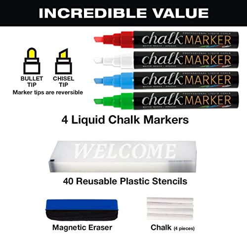 Large Sturdy Handcrafted 40" x 20" Wooden A-Frame Chalkboard Display / 4 Liquid Chalk Markers & Stencil Set/Sidewalk Chalkboard Sign Sandwich Board/Chalk Board Standing Sign (6 - White)