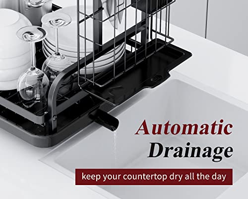 Sakugi Dish Drying Rack for Countertop - Rustproof Space-Saving & Multipurpose 2-Tier Dish Rack for Kitchen Counter with Utensil Holder, Large-Capacity, Black