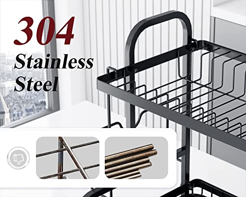 Sakugi Dish Drying Rack for Countertop - Rustproof Space-Saving & Multipurpose 2-Tier Dish Rack for Kitchen Counter with Utensil Holder, Large-Capacity, Black