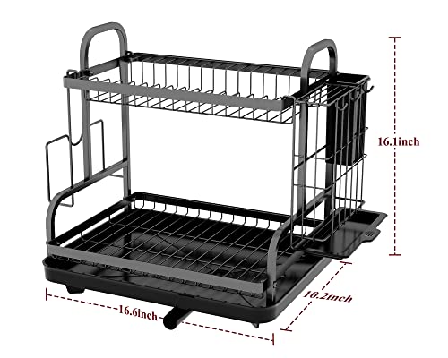 Sakugi Dish Drying Rack for Countertop - Rustproof Space-Saving & Multipurpose 2-Tier Dish Rack for Kitchen Counter with Utensil Holder, Large-Capacity, Black