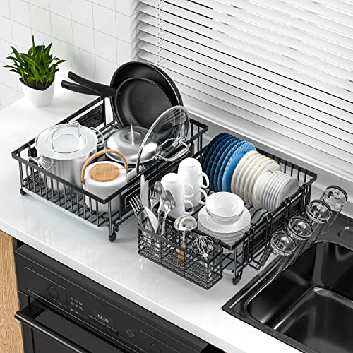 2 Pack Dish Drying Rack, Dish Rack Suitable for Little Countertop Space,Installation-Free Metal Dish Drainer with Drainboard Not Limited to The Sink - Dishes Racks Organizer Set (Black)