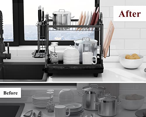Sakugi Dish Drying Rack for Countertop - Rustproof Space-Saving & Multipurpose 2-Tier Dish Rack for Kitchen Counter with Utensil Holder, Large-Capacity, Black