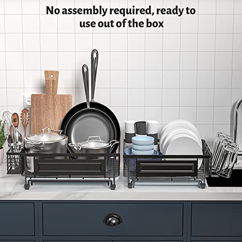 2 Pack Dish Drying Rack, Dish Rack Suitable for Little Countertop Space,Installation-Free Metal Dish Drainer with Drainboard Not Limited to The Sink - Dishes Racks Organizer Set (Black)