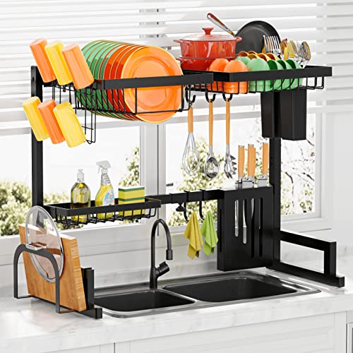 Sakugi Over The Sink Dish Drying Rack - Adjustable (29.5-35.5in) Drying Rack w/Large Capacity, Space-Saving Dish Rack for Kitchen Counter, 2-Tier Dish Drying Rack, Premium Stainless Steel Dish Rack